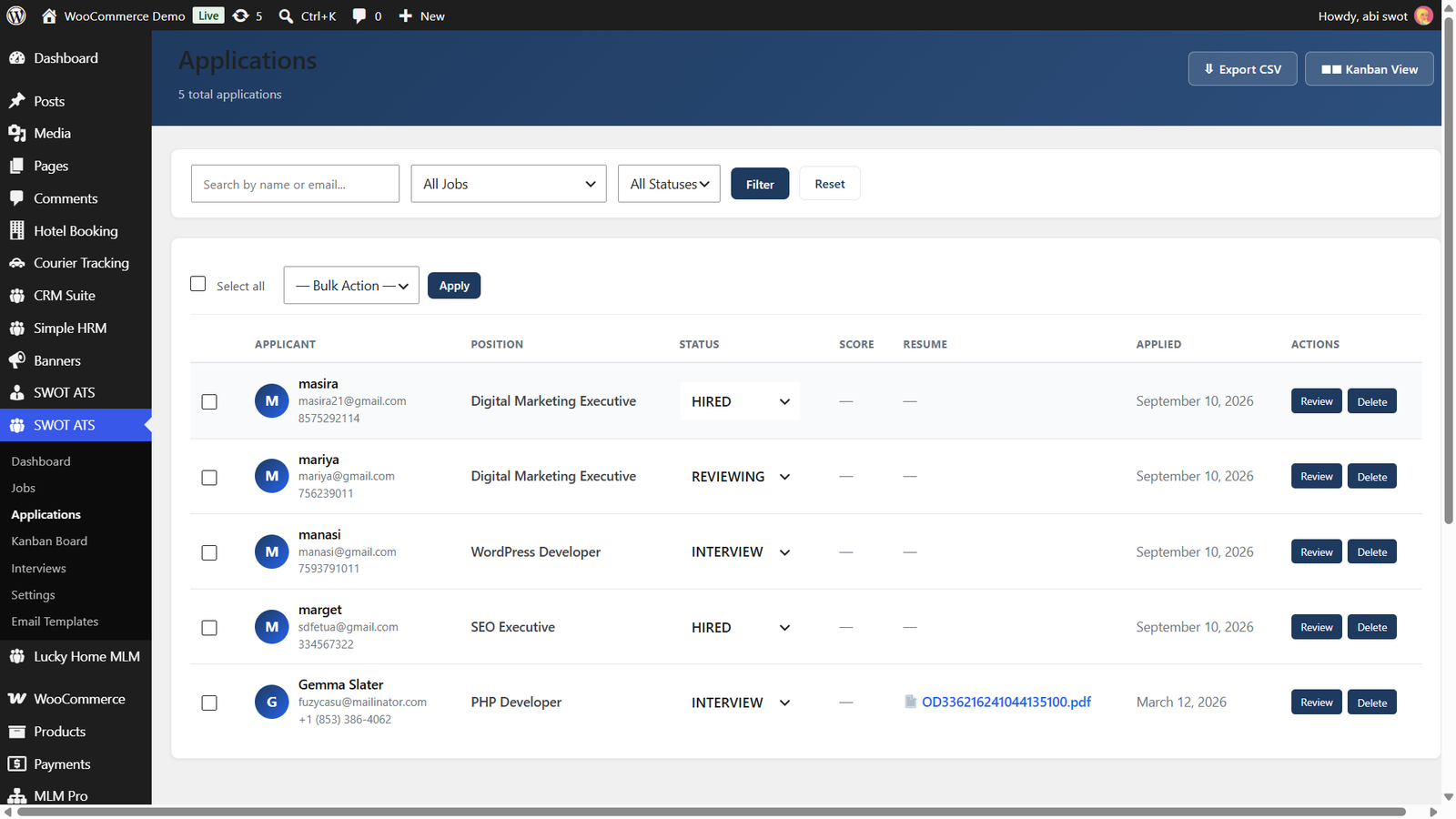 ATS Pro — applicants management screen