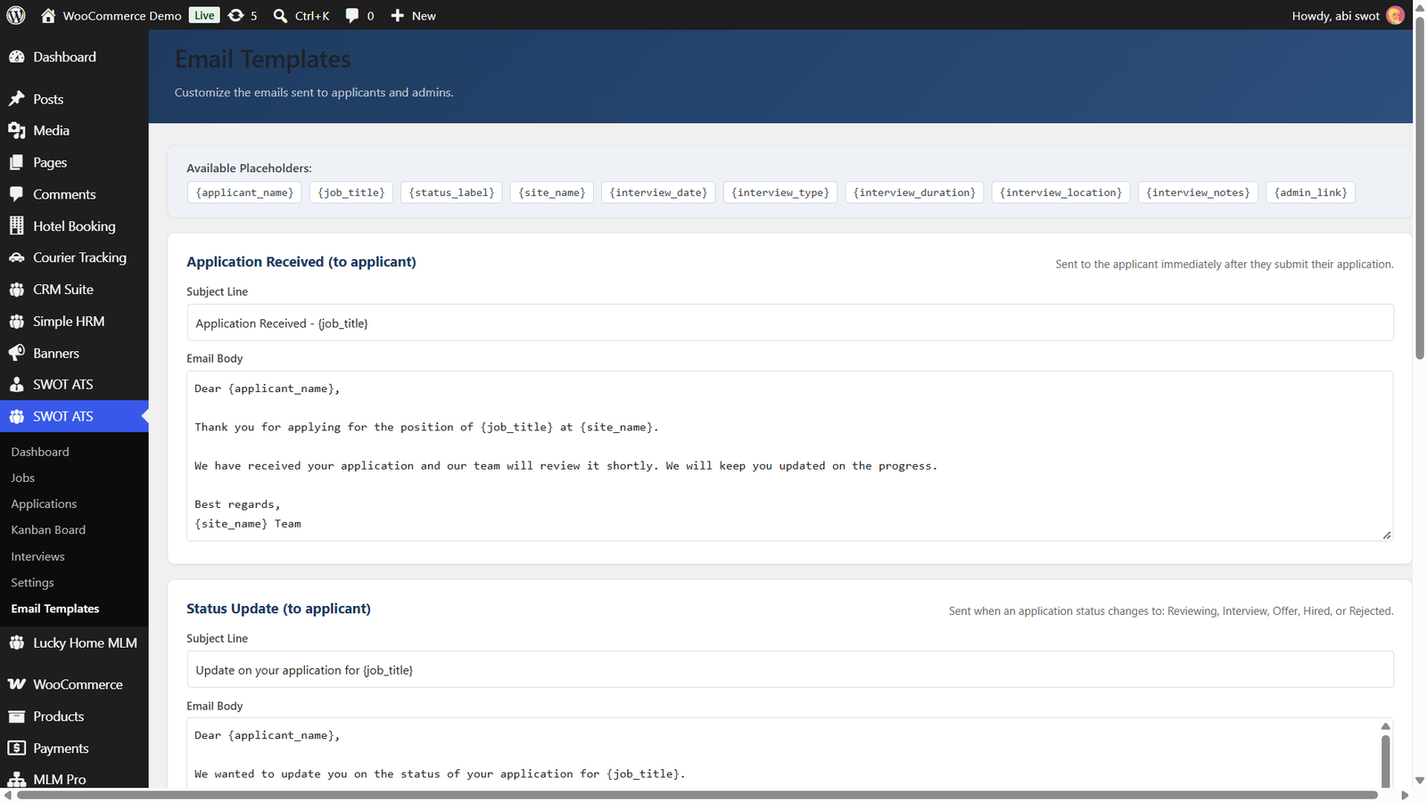 ATS Pro — email templates editor