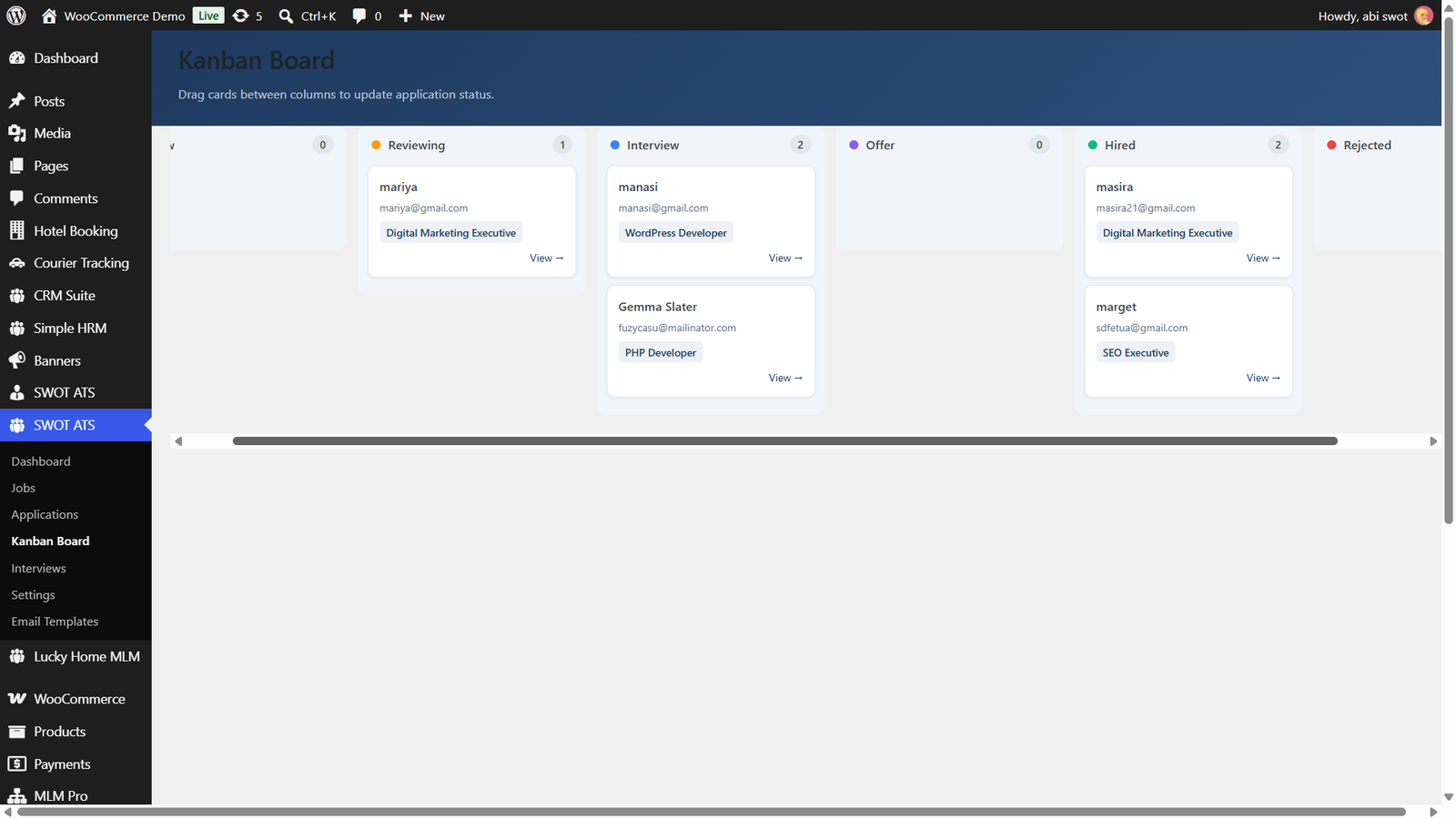 ATS Pro — Kanban pipeline board