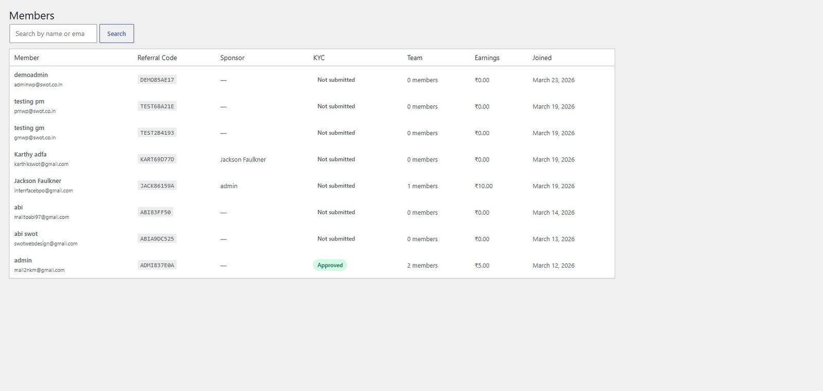 MLM Affiliate — member management screen